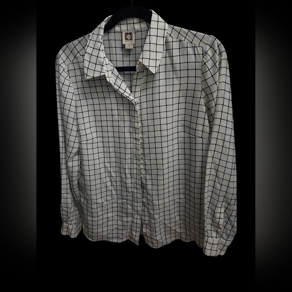 Anne Klein White and Black Grid Blouse